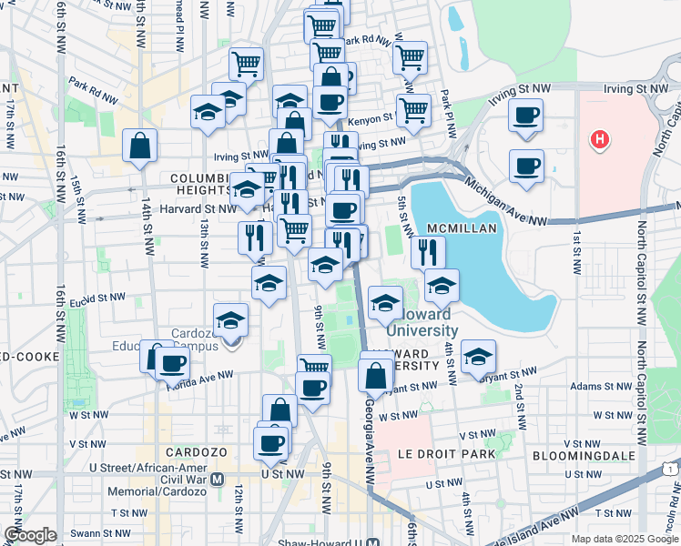 map of restaurants, bars, coffee shops, grocery stores, and more near 719 Euclid Street Northwest in Washington
