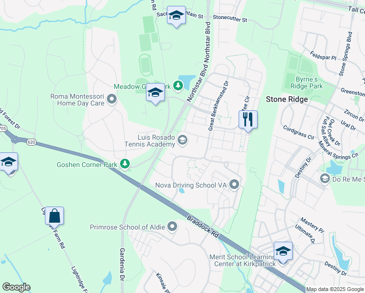 map of restaurants, bars, coffee shops, grocery stores, and more near 41551 Bassett Place in Aldie
