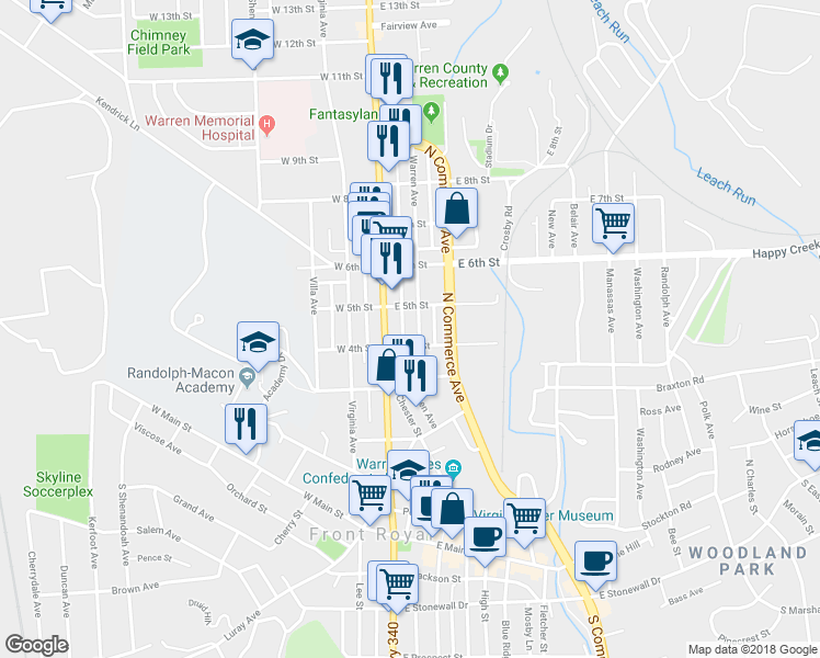 map of restaurants, bars, coffee shops, grocery stores, and more near 406 Warren Avenue in Front Royal