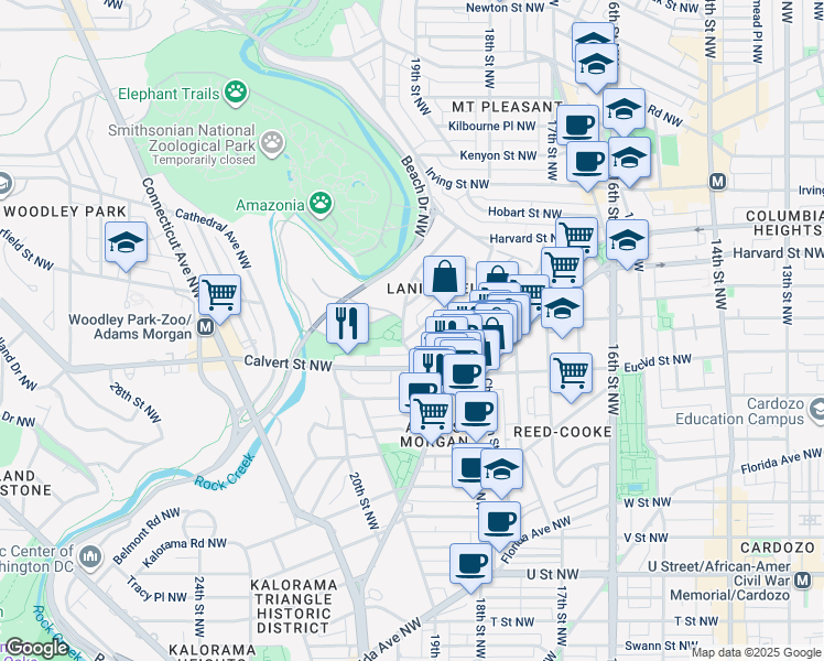 map of restaurants, bars, coffee shops, grocery stores, and more near 2707 Adams Mill Road Northwest in Washington