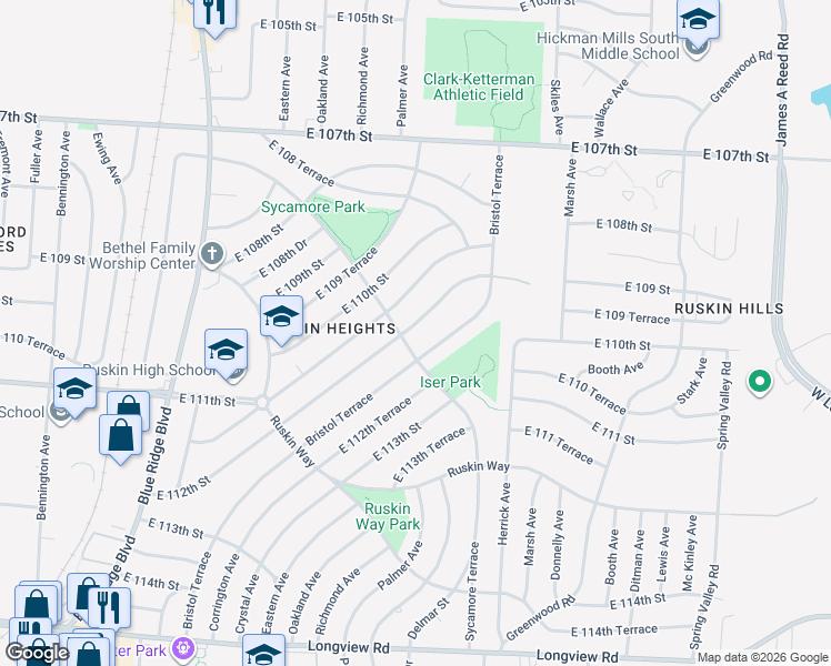map of restaurants, bars, coffee shops, grocery stores, and more near 7703 East 112th Street in Kansas City