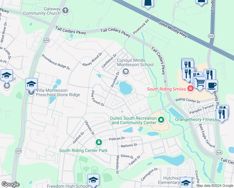 map of restaurants, bars, coffee shops, grocery stores, and more near 42524 Pine Forest Drive in Chantilly