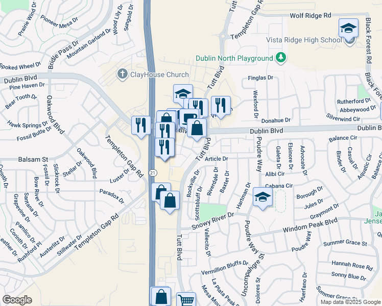 map of restaurants, bars, coffee shops, grocery stores, and more near 5985 Dublin Boulevard in Colorado Springs