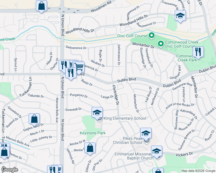 map of restaurants, bars, coffee shops, grocery stores, and more near 3156 Dublin Boulevard in Colorado Springs