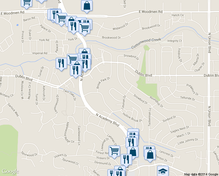 map of restaurants, bars, coffee shops, grocery stores, and more near 6455 Brook Park Drive in Colorado Springs