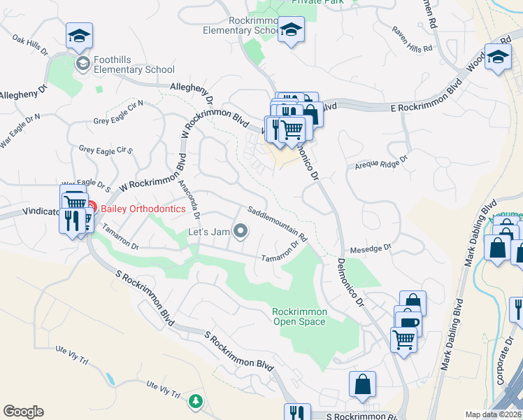 map of restaurants, bars, coffee shops, grocery stores, and more near 230 Silver Spring Drive in Colorado Springs