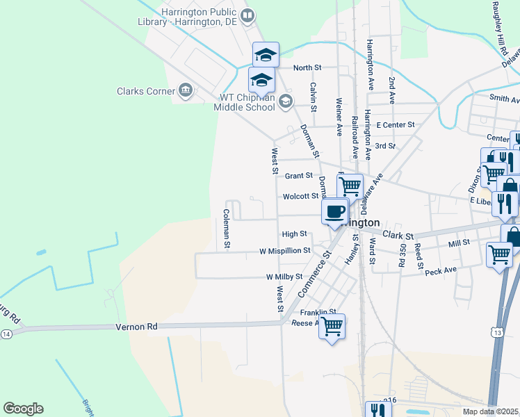 map of restaurants, bars, coffee shops, grocery stores, and more near 400 Mason Avenue in Harrington