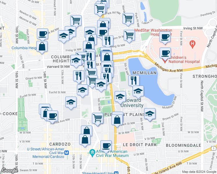 map of restaurants, bars, coffee shops, grocery stores, and more near 101 Independence Avenue Southeast in Washington