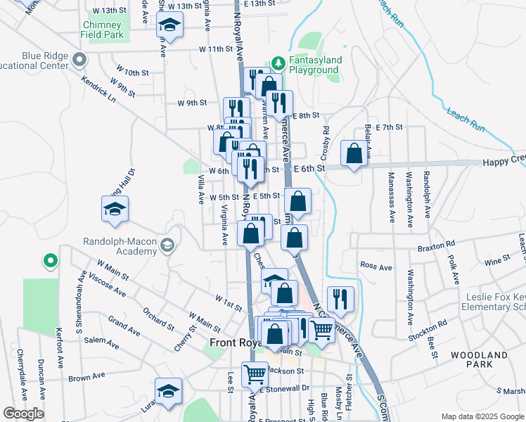 map of restaurants, bars, coffee shops, grocery stores, and more near 406 Warren Avenue in Front Royal