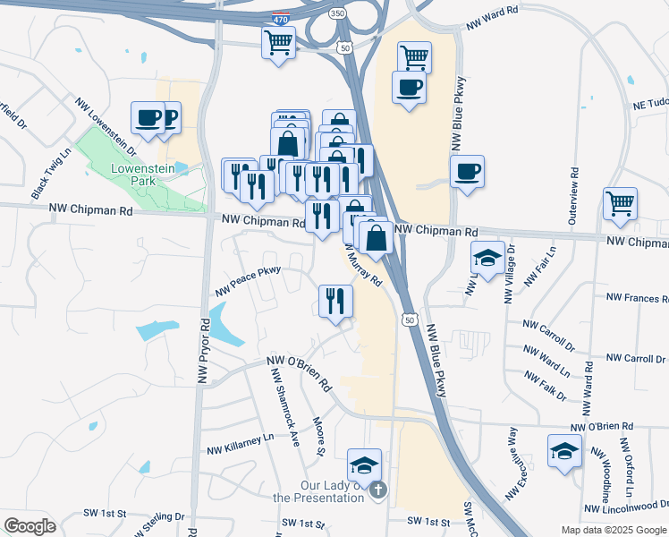 map of restaurants, bars, coffee shops, grocery stores, and more near 1001 Northwest Chipman Road in Lee's Summit