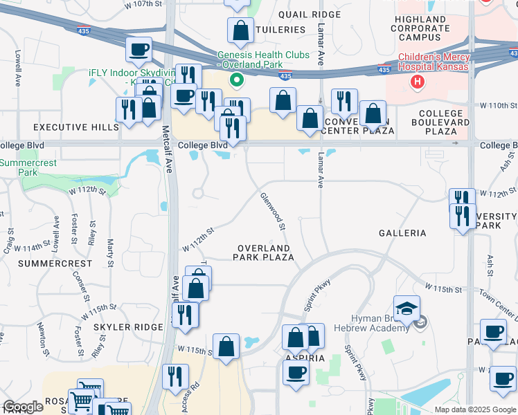 map of restaurants, bars, coffee shops, grocery stores, and more near 11215 Glenwood Street in Overland Park