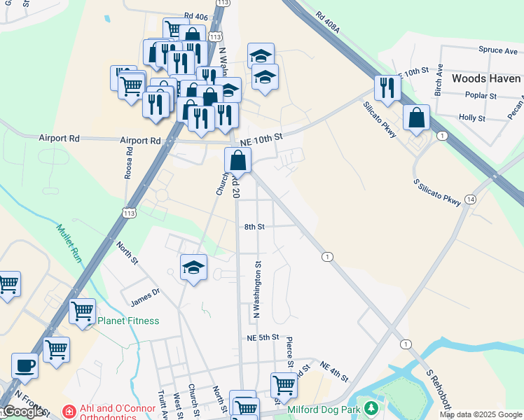map of restaurants, bars, coffee shops, grocery stores, and more near 813 North Washington Street in Milford
