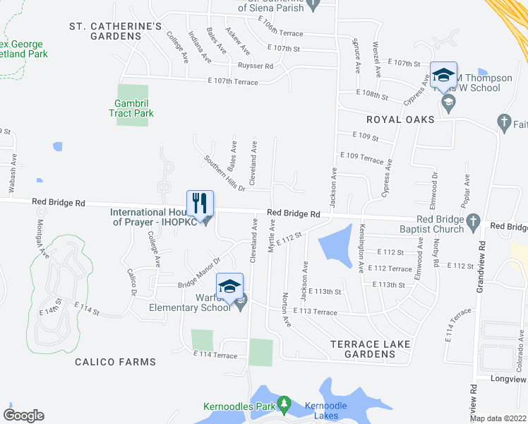 map of restaurants, bars, coffee shops, grocery stores, and more near East Red Bridge Road in Kansas City