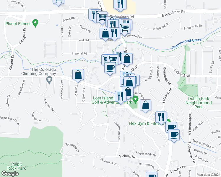 map of restaurants, bars, coffee shops, grocery stores, and more near 6303 Village Lane in Colorado Springs