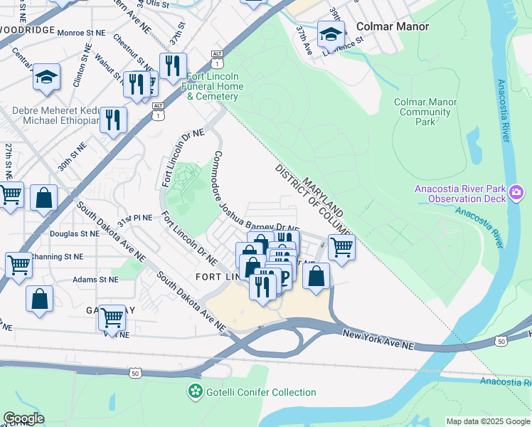 map of restaurants, bars, coffee shops, grocery stores, and more near 3637 Jamison Street Northeast in Washington