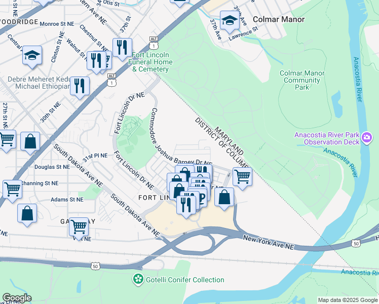 map of restaurants, bars, coffee shops, grocery stores, and more near 3637 Jamison Street Northeast in Washington