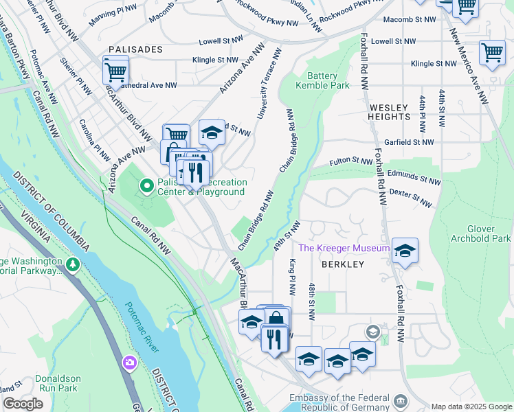 map of restaurants, bars, coffee shops, grocery stores, and more near 2666 Chain Bridge Road Northwest in Washington