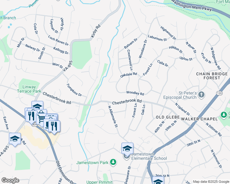 map of restaurants, bars, coffee shops, grocery stores, and more near 6021 Woodley Road in McLean