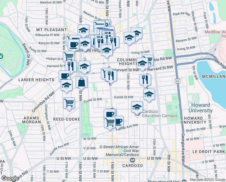 map of restaurants, bars, coffee shops, grocery stores, and more near 2641 14th Street Northwest in Washington