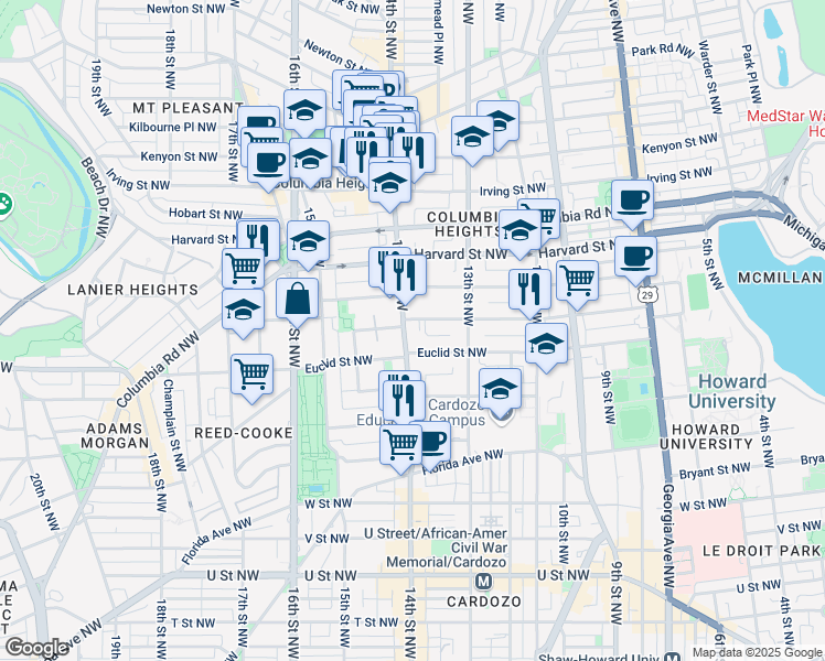 map of restaurants, bars, coffee shops, grocery stores, and more near 2641 14th Street Northwest in Washington