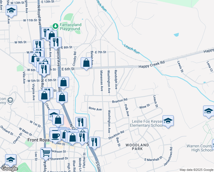 map of restaurants, bars, coffee shops, grocery stores, and more near 430 Washington Avenue in Front Royal
