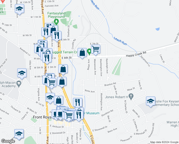 map of restaurants, bars, coffee shops, grocery stores, and more near 433 Belair Avenue in Front Royal