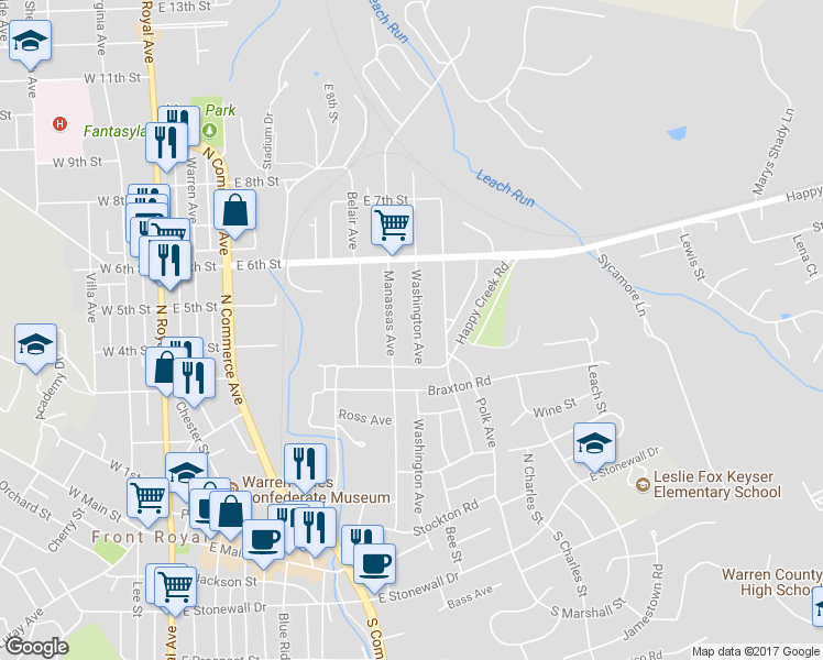 map of restaurants, bars, coffee shops, grocery stores, and more near 430 Washington Avenue in Front Royal