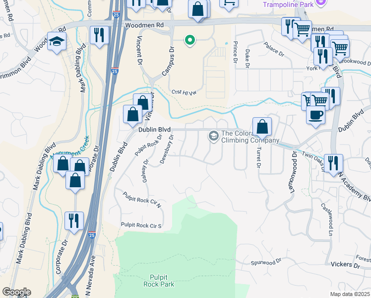 map of restaurants, bars, coffee shops, grocery stores, and more near 6475 Yvonne Way in Colorado Springs