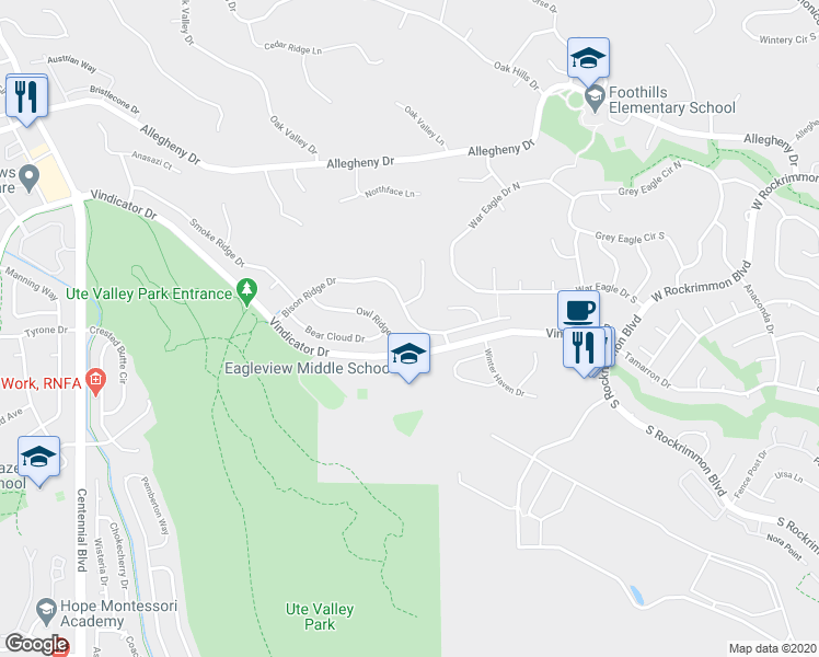 map of restaurants, bars, coffee shops, grocery stores, and more near 1355 Bison Ridge Drive in Colorado Springs