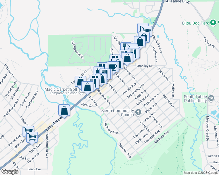 map of restaurants, bars, coffee shops, grocery stores, and more near 1028 Sierra Boulevard in South Lake Tahoe