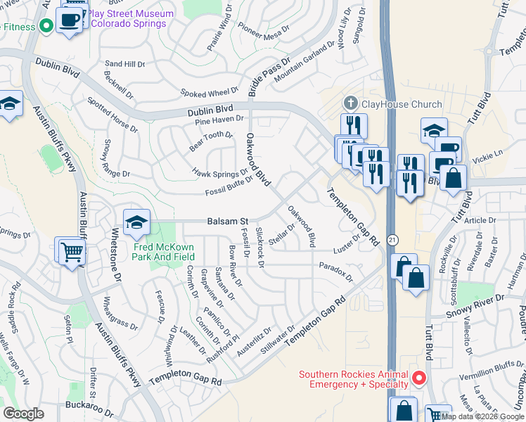map of restaurants, bars, coffee shops, grocery stores, and more near 6280 Oakwood Boulevard in Colorado Springs