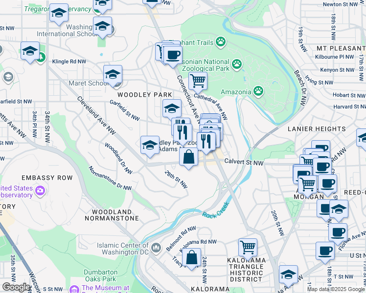 map of restaurants, bars, coffee shops, grocery stores, and more near 2660 Woodley Road Northwest in Washington