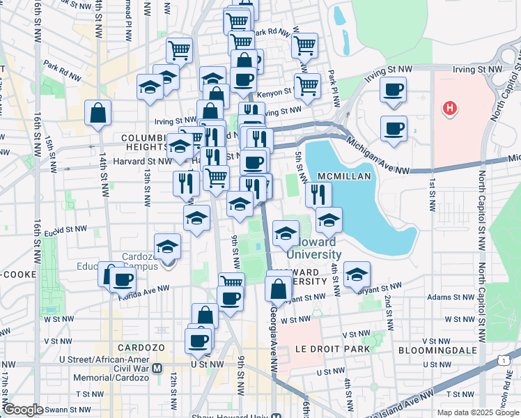 map of restaurants, bars, coffee shops, grocery stores, and more near 2608 Georgia Avenue Northwest in Washington