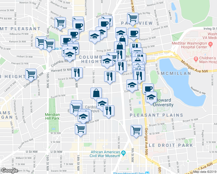 map of restaurants, bars, coffee shops, grocery stores, and more near 1110 Fairmont Street Northwest in Washington