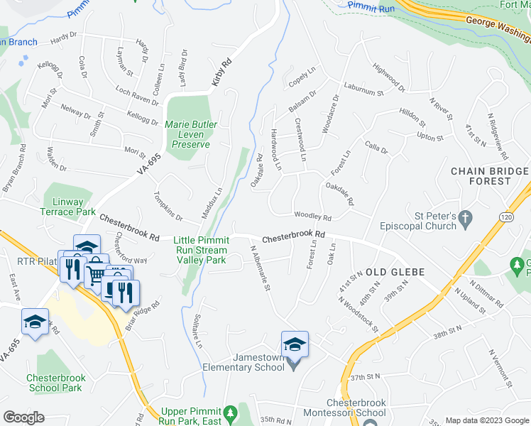 map of restaurants, bars, coffee shops, grocery stores, and more near 6021 Woodley Road in McLean