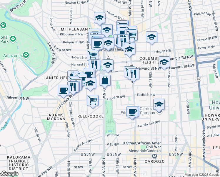 map of restaurants, bars, coffee shops, grocery stores, and more near 2650 15th Street Northwest in Washington