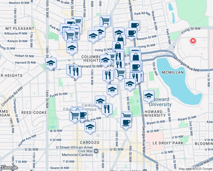 map of restaurants, bars, coffee shops, grocery stores, and more near 1110 Fairmont Street Northwest in Washington