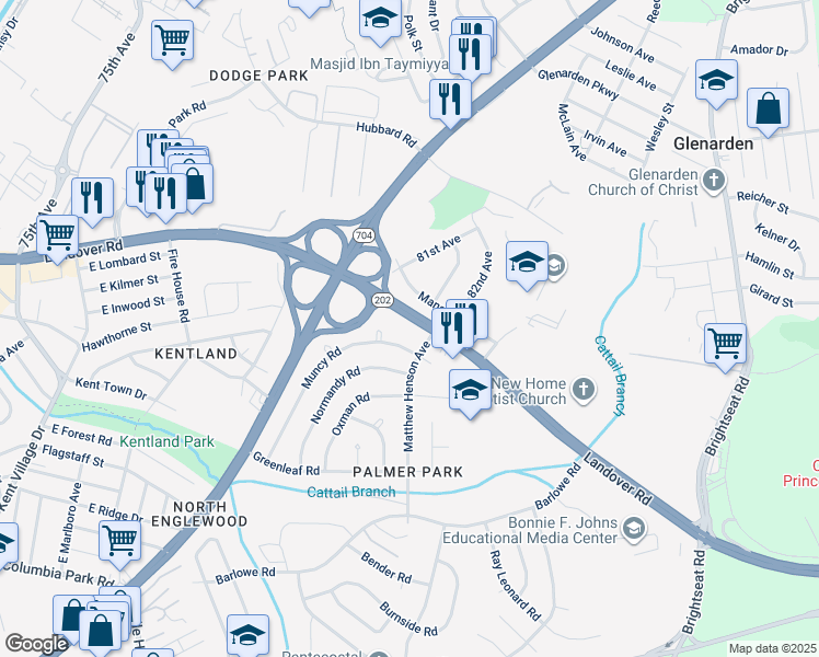 map of restaurants, bars, coffee shops, grocery stores, and more near 8123 Landover Road in Hyattsville