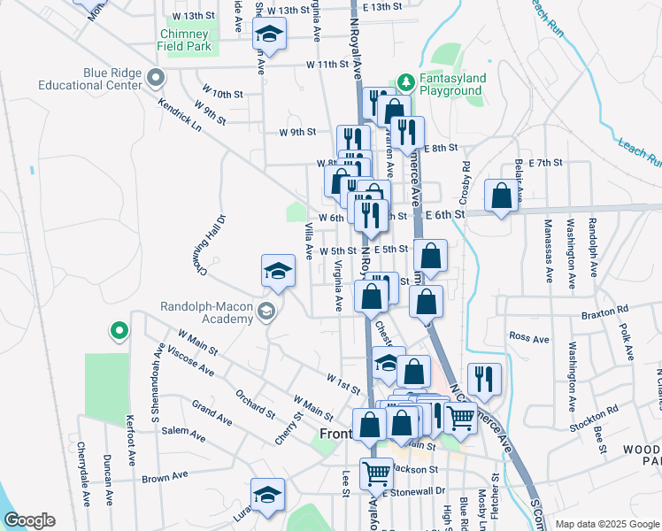 map of restaurants, bars, coffee shops, grocery stores, and more near 427 Virginia Avenue in Front Royal