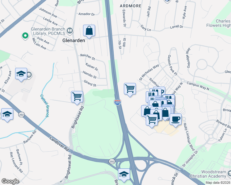 map of restaurants, bars, coffee shops, grocery stores, and more near Interstate 495 in Prince George's County