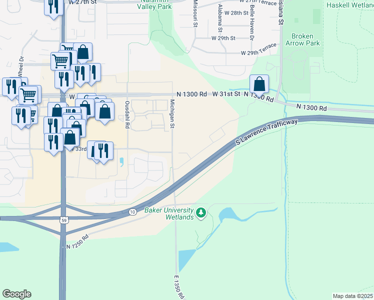 map of restaurants, bars, coffee shops, grocery stores, and more near S Lawrence Trafficway in Lawrence