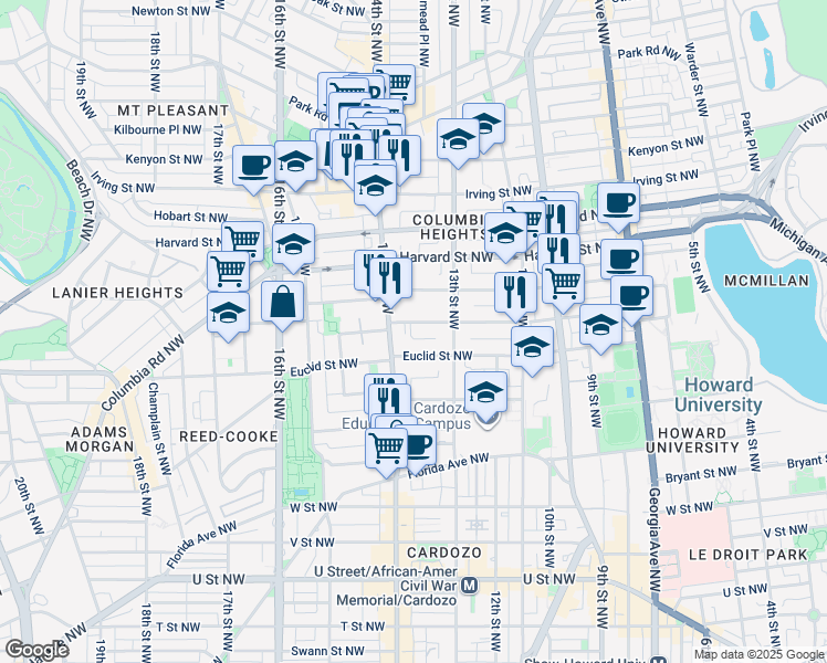 map of restaurants, bars, coffee shops, grocery stores, and more near 1340 Fairmont Street Northwest in Washington