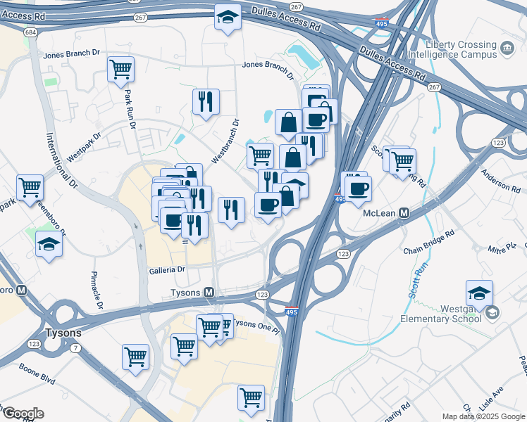 map of restaurants, bars, coffee shops, grocery stores, and more near 7911 Westpark Drive in McLean