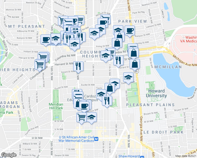 map of restaurants, bars, coffee shops, grocery stores, and more near 101 Independence Avenue Southeast in Washington