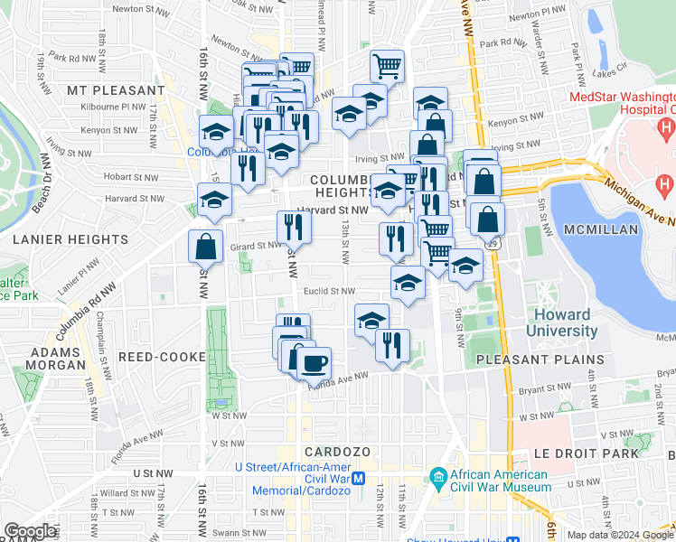 map of restaurants, bars, coffee shops, grocery stores, and more near 101 Independence Avenue Southeast in Washington