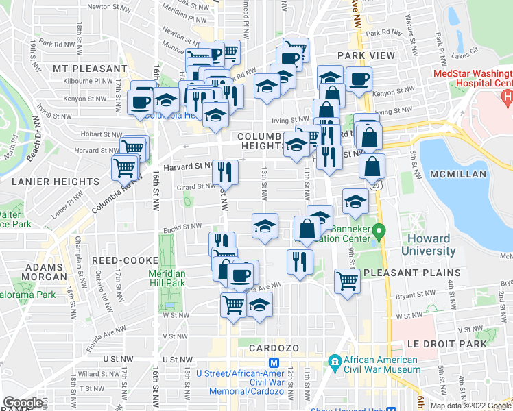map of restaurants, bars, coffee shops, grocery stores, and more near 101 Independence Avenue Southeast in Washington