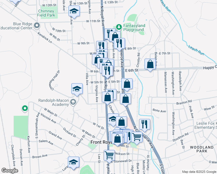 map of restaurants, bars, coffee shops, grocery stores, and more near 429 North Royal Avenue in Front Royal