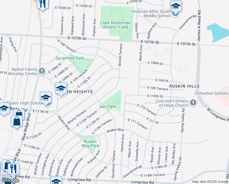 map of restaurants, bars, coffee shops, grocery stores, and more near 10911 Bristol Terrace in Kansas City