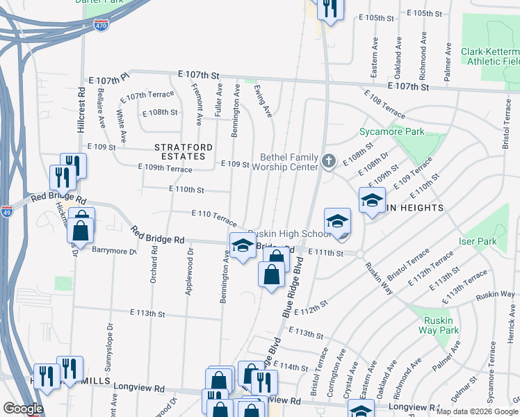 map of restaurants, bars, coffee shops, grocery stores, and more near 10916 Ewing Avenue in Kansas City