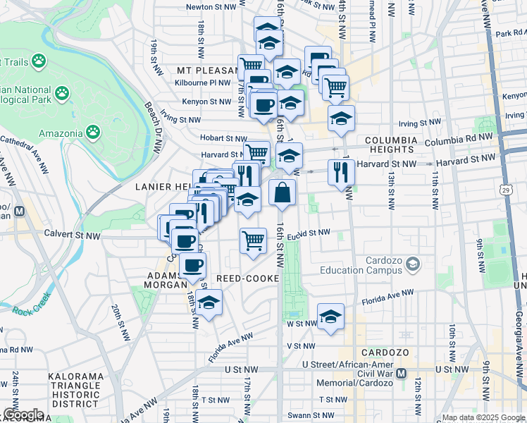 map of restaurants, bars, coffee shops, grocery stores, and more near 1620 Fuller Street Northwest in Washington